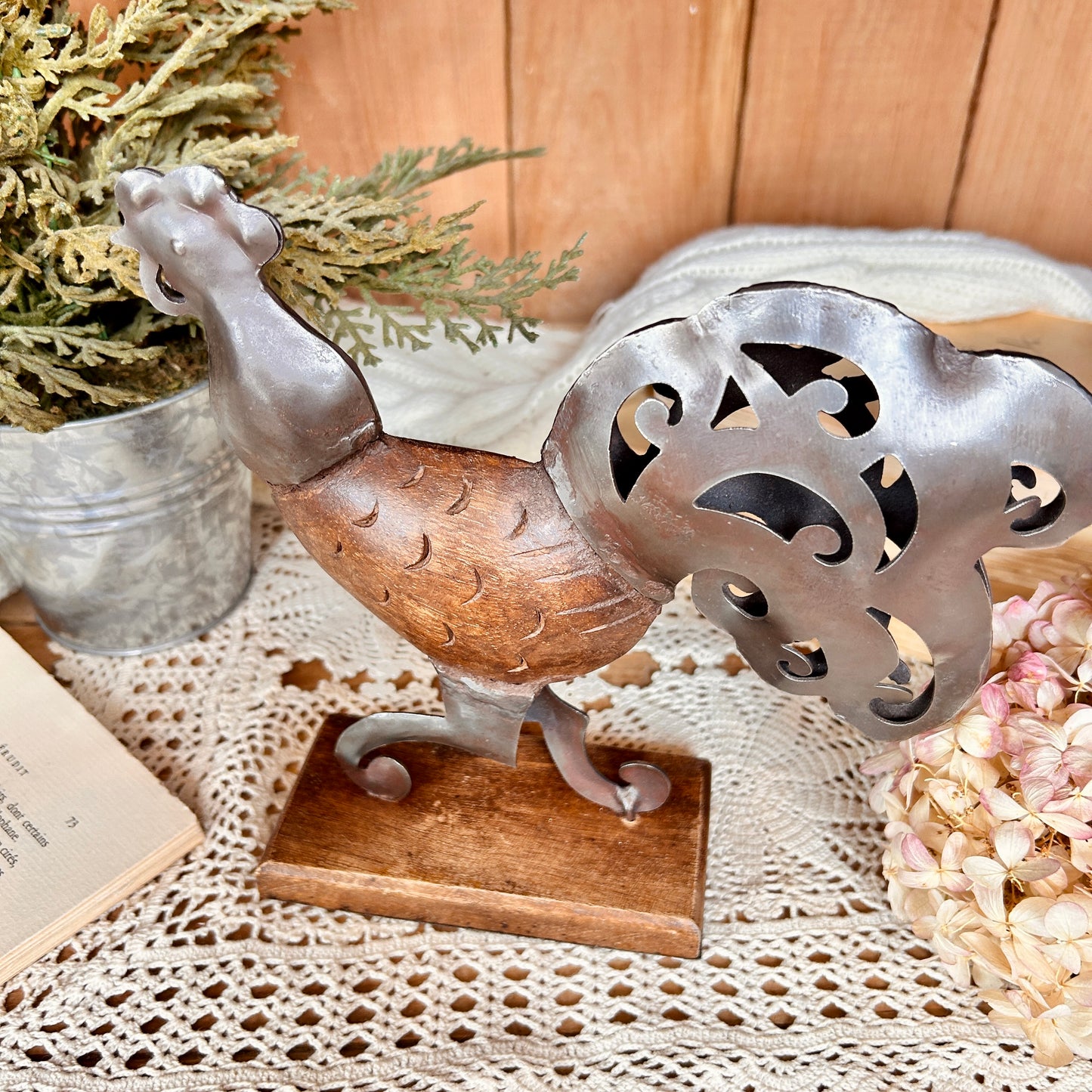 Decorative rooster - iron and wood