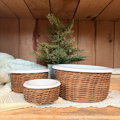 Trio bol en céramique et rotin