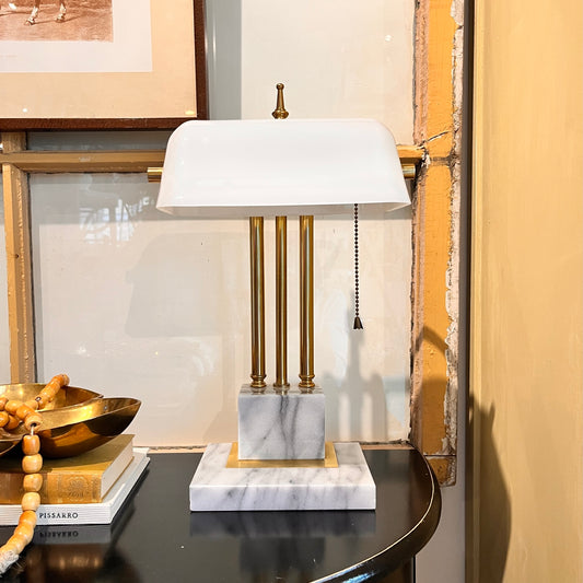 Glass, brass and marble lamp