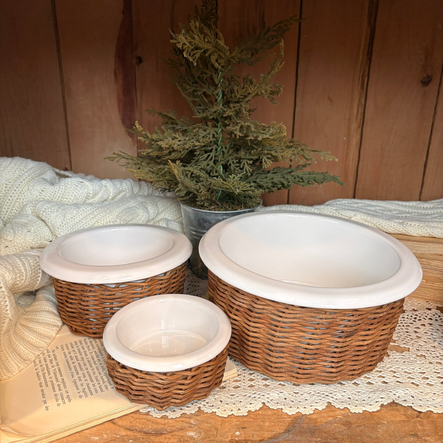 Trio bol en céramique et rotin