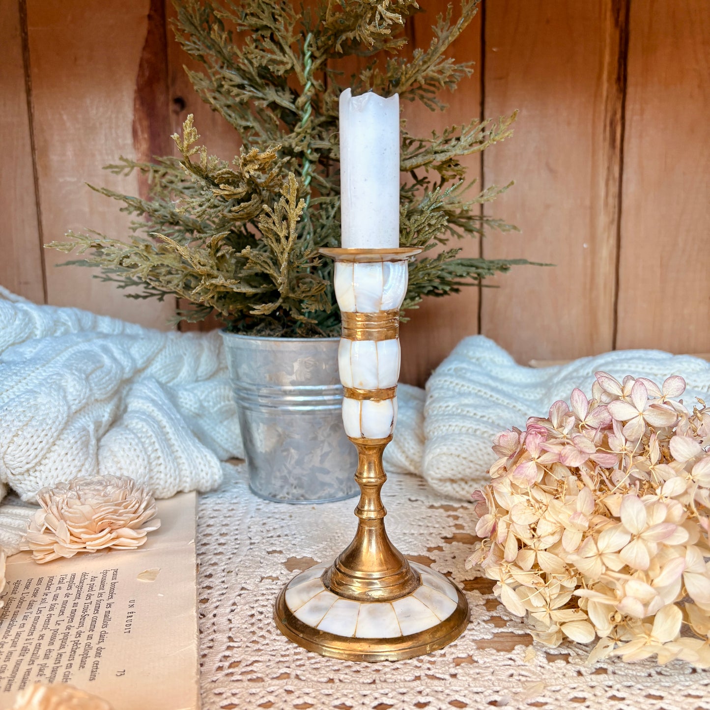 Brass and mother-of-pearl candle holder