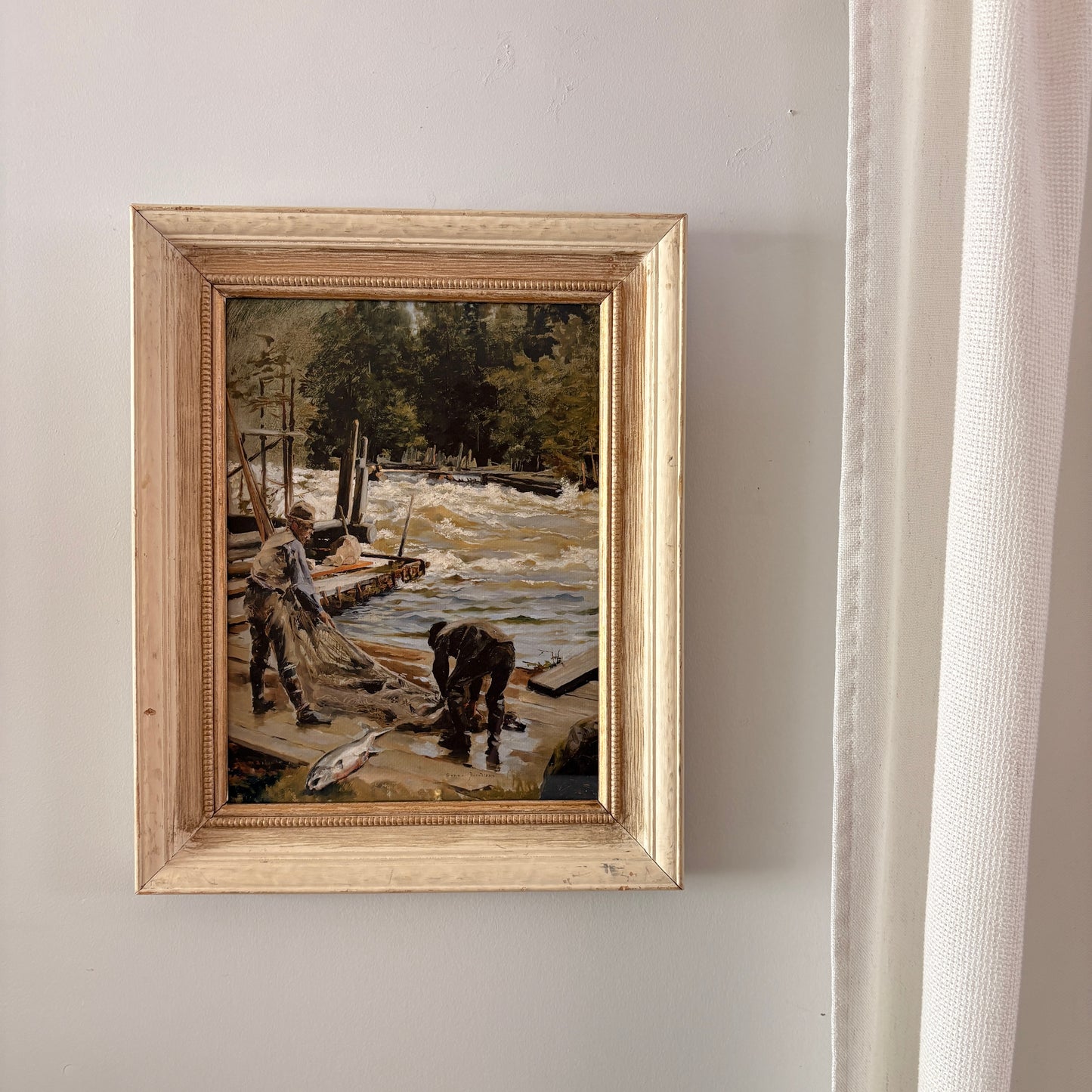 Cadre vintage avec impression sur papier beaux-arts - La pêche aux saumons