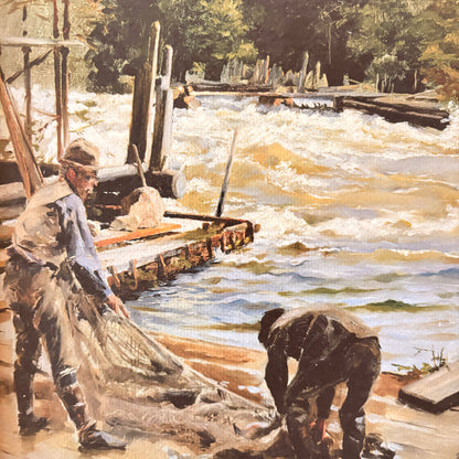 Cadre vintage avec impression sur papier beaux-arts - La pêche aux saumons