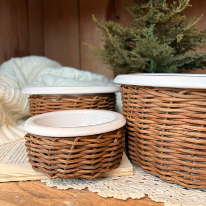 Trio bol en céramique et rotin