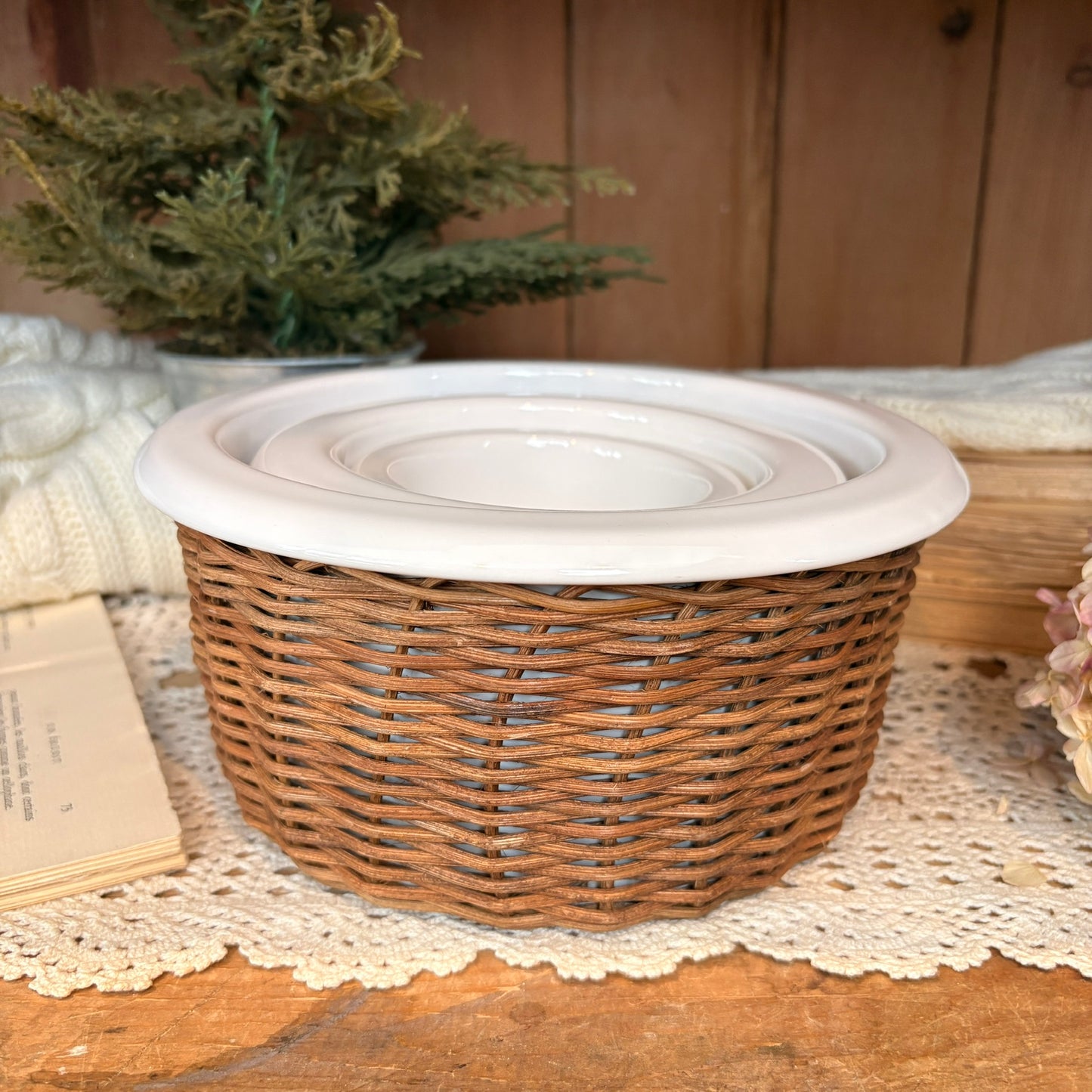 Trio bol en céramique et rotin